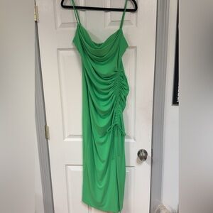 Zara Thin Strapped Green Midi Ruched Dress